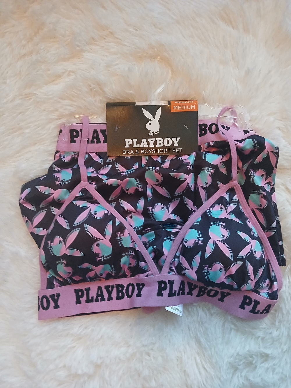 PLAYBOY Black Bra & Boyshort Set with Pink Bunny Print